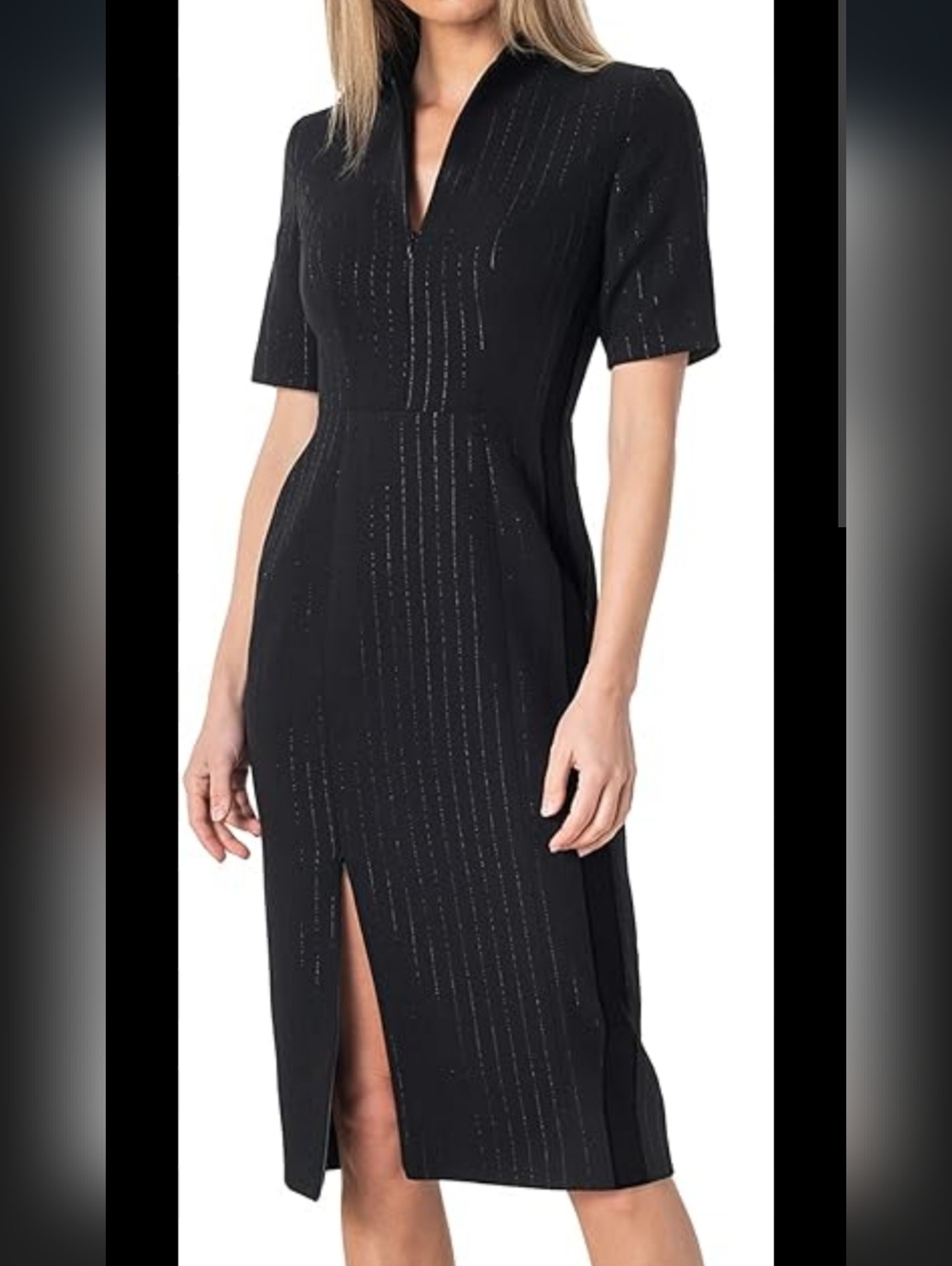 Dress the Population Gloria Black Midi Dress with Subtle Metallic Pinstripes L